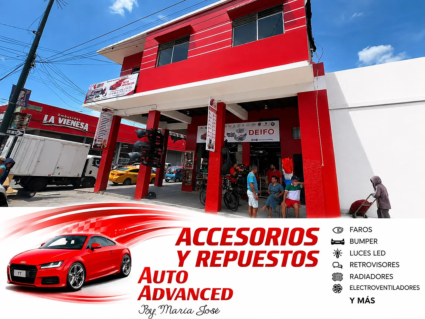 Fachada del local de Autoadvanced by María José: casa roja de dos pisos con clientes en la entrada